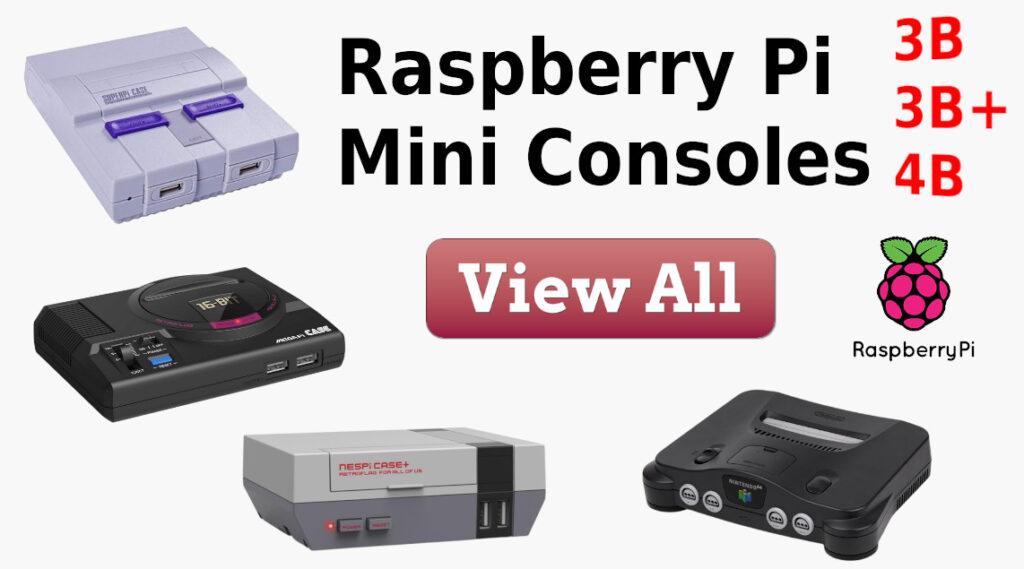 raspberry pi mini consoles nintendo, n64, sega genesis, nes with a view all button and raspberry pi logo. 